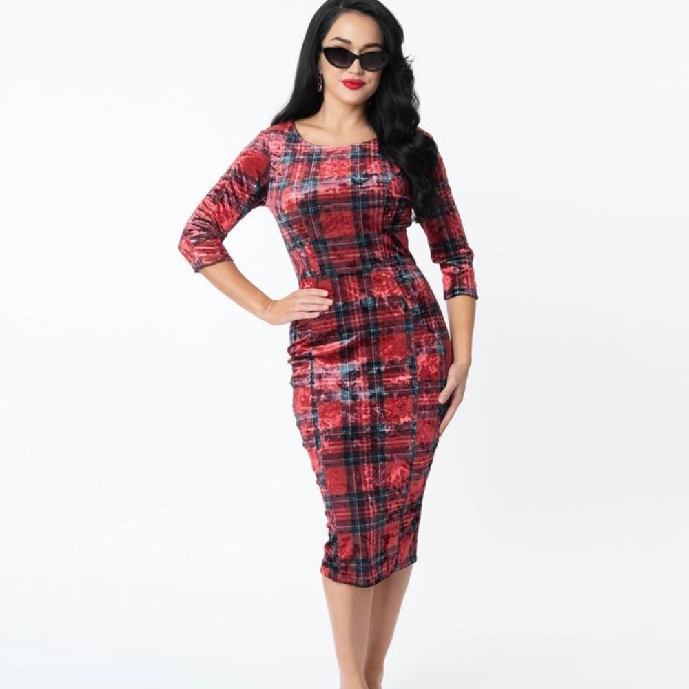 Red Plaid Wiggle Dress Unique Vintage